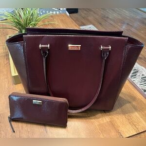 Kate Spade ♠️ Burgundy Bristol Drive Patent Leather Large Tote & Long Zip Wallet